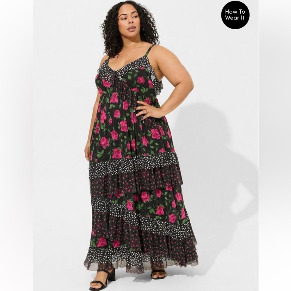 Betsey Johnson for Torrid Black Maxi Dress with Pink Rose & Green Leaves, Size 1